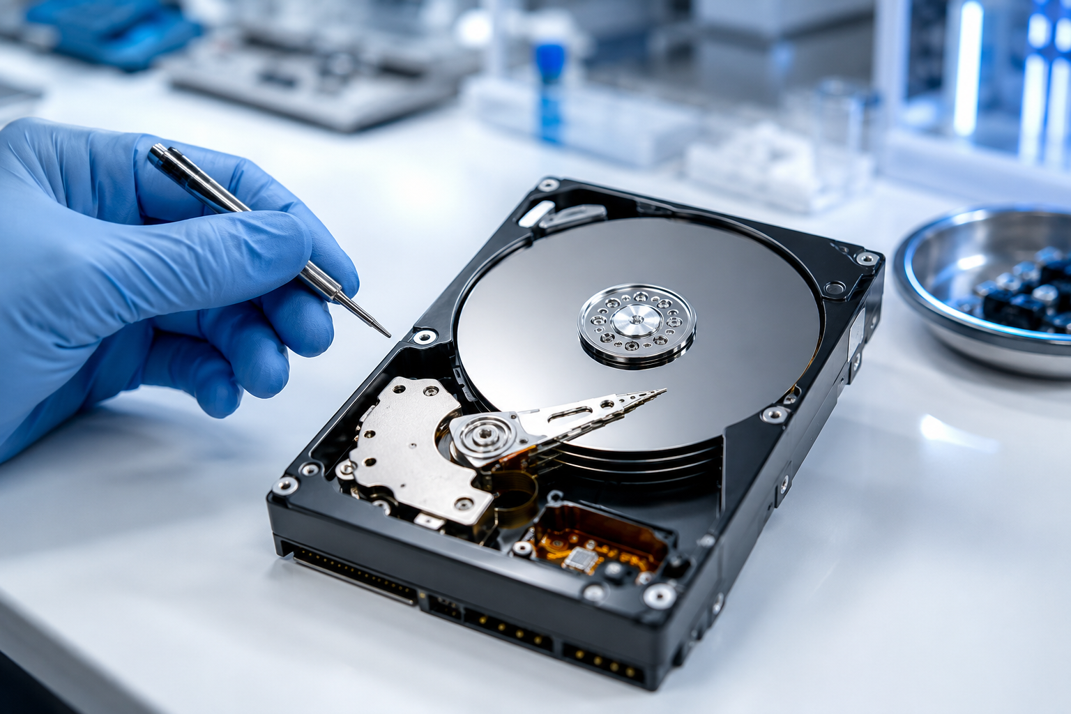 Technician performing failed hard drive recovery on an open hard drive in a clean lab